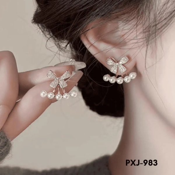 Women Bow Pearl Zircon Earrings Golden Silver 2Pcs